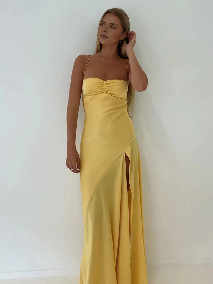 Elegant Spaghetti Strap Ruched Satin Maxi Dress with Side Slit Prom Dress